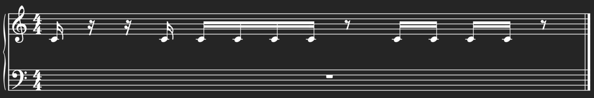 Showing a group of 16th notes with double beams, 16th rests and 16 notes.