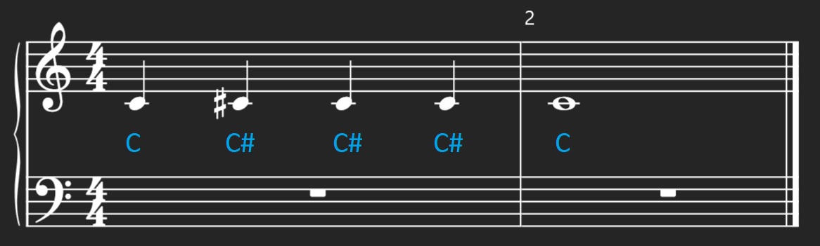 Showing a C♯ in the first measure and a natural C in the second measure.