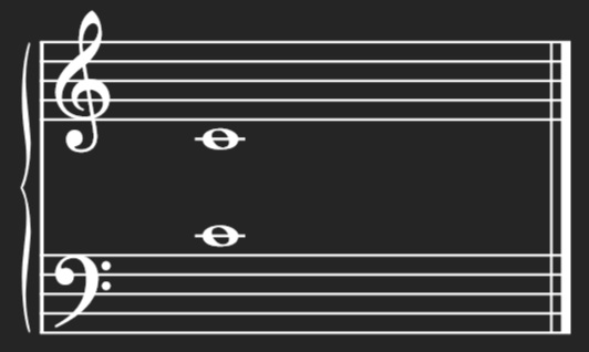 Showing Middle C on the invisible ledger line between the Treble and Bass Clef